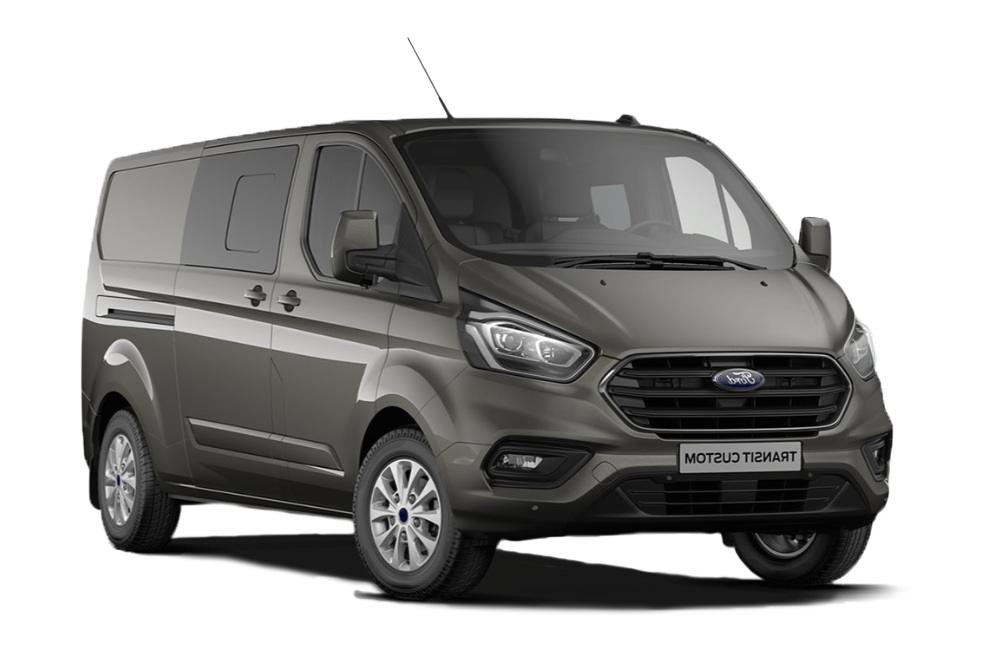 A grey Ford Transit van positioned at an angle on a white background.