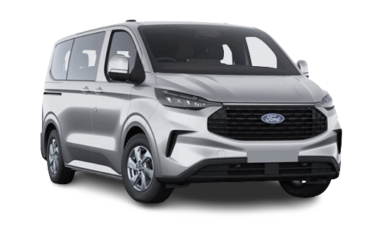 A silver Ford van angled left.