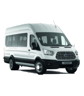 A white Ford Transit passenger van angled left.