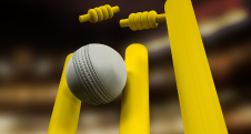 Cricket ball near yellow stumps and bails against blurred background.